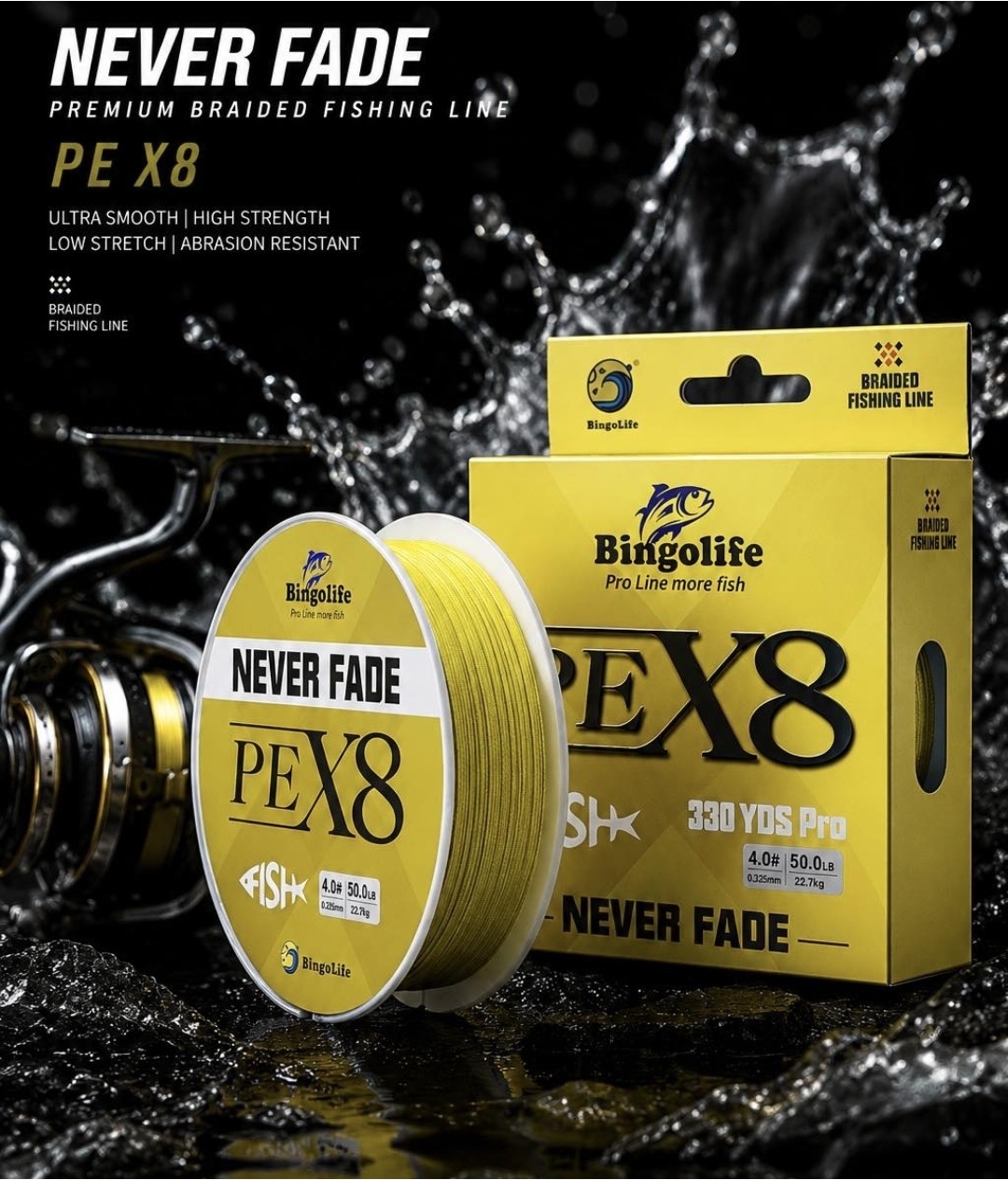 Detailed shot of metallic fishing reel spool with gold rim accents and fishing thread
